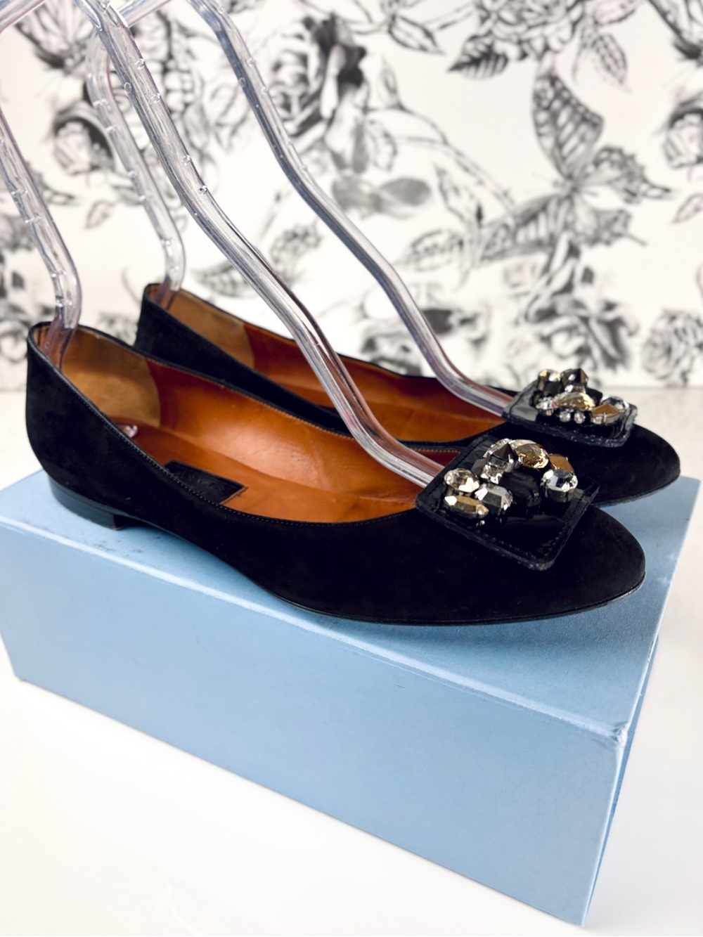 Lanvin Black Suede Ballerina Flat Shoe w/ Bejeweled Rhinestone Accent, Sz 41/11